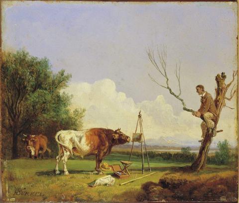 Heinrich Bürkel: nieuwsgierige stier en bange kunstschilder in boom