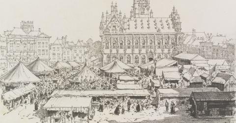 Tekening van de kermis op de Markt in Middelburg 1870-1880