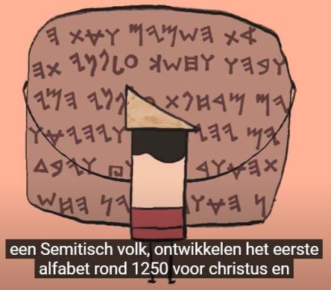 animatiefiguurtje met een steen waarop een Fenicische inscriptie staat geschreven.