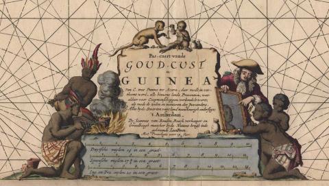 Cartouche van een kaart van Goudkust en Guinea in Afrika