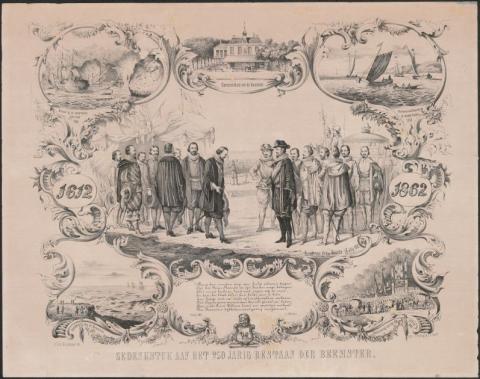 prent met afbeelding van het bezoek van Prins Maurits aan de Beemster op 4 juli 1612. De prent is in 1862 ter ere van 250 jaar bestaan Beemster gedrukt door Tresling & Co (bron: Beeldbank van Waterlands Archief, PR00523)